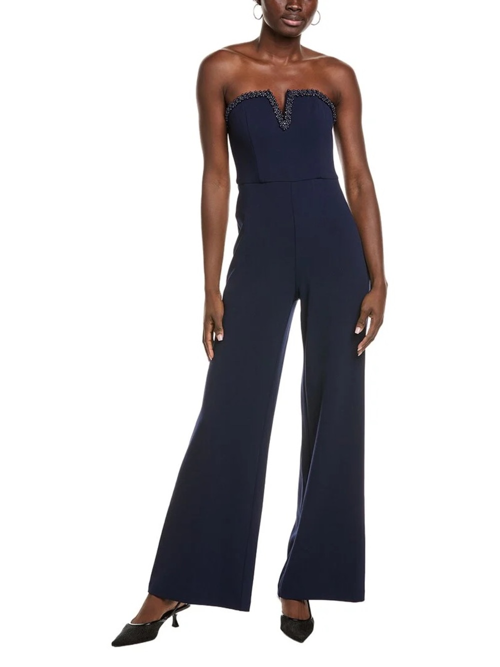 Aidan Mattox by Adrianna Papell Navy Beaded Neckline Strapless Wide-Leg Jumpsuit